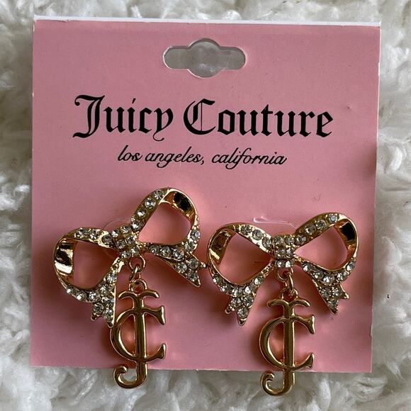 Juicy Couture Gold Plated JC Studded Bow Dangles Earrings NEW - Picture 1 of 6